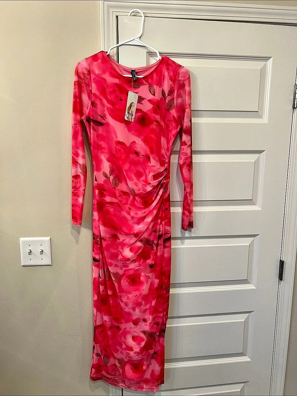 PrettyGarden Women's Floral Bodycon Maxi Dress Long Sleeve Mesh Pink & Red